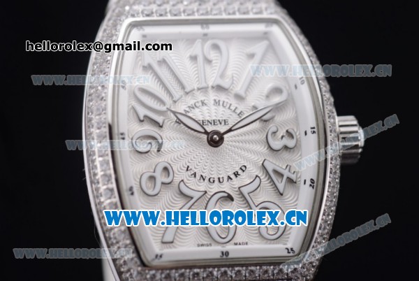 Franck Muller Black Croco Ronda 762 Quartz Steel Case with White Dial Arabic Numeral Markers and White Leather Strap Diamonds Bezel - Click Image to Close